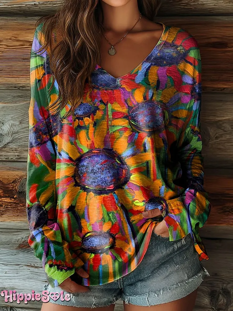 Women's Watercolor Sunflower Print Casual V-neck Long Sleeve T-shirt