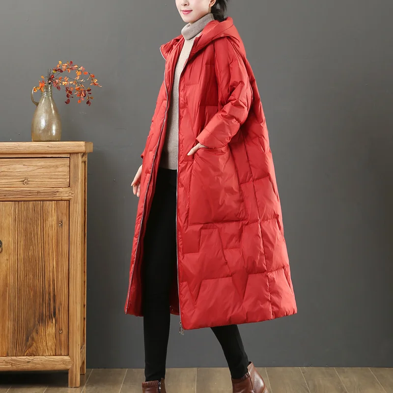 Toloer Large Size Loose Literary Long-Sleeved Hooded Coat Winter Wear New Knee White Duck Down Light Down Jacket Fashion-Outfit Ideas