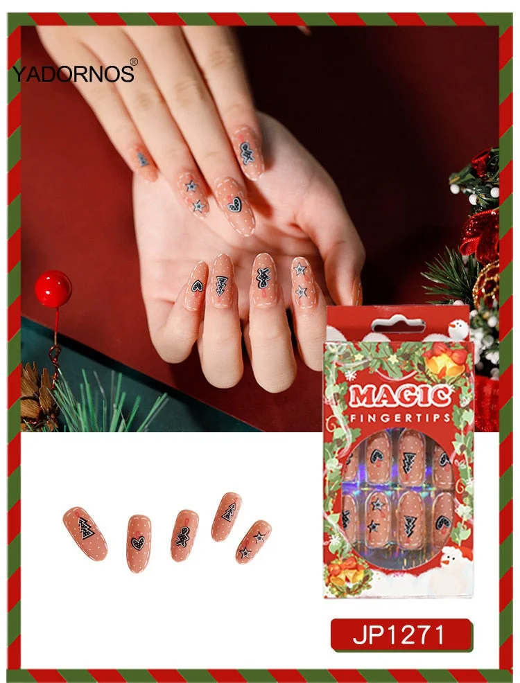 24pcs Christmas Stickers On Nails Patch Glue Type Removable Long coffin Paragraph Fashion Manicure free shipping press on nails-Nail Inspo