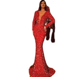 Uveng Uveng Winter New Women's Dress Fishtail Red Bright Crystal Long Sleeve V-Neck Dress Long Dress