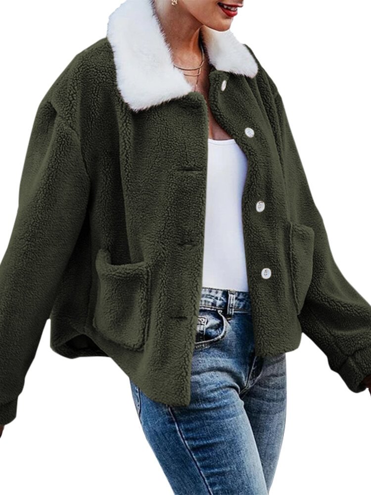 Women Turn Down Collar Long Sleeves Warm Coat With Side Pockets - Life is Beautiful for You - SheChoic