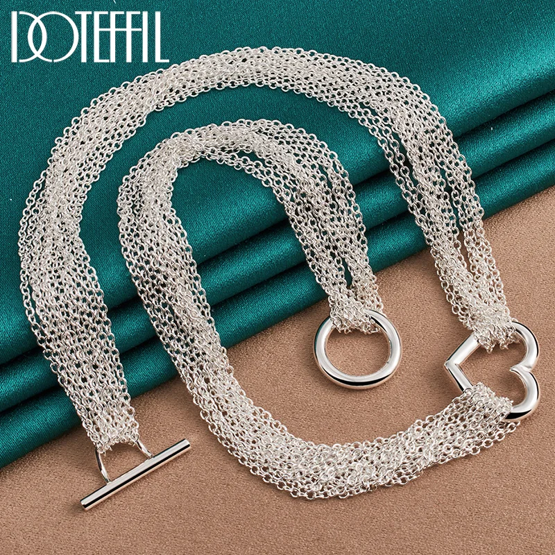 DOTEFFIL 925 Sterling Silver for Women Man Multi Line Chain Heart Pendant Necklace Jewelry