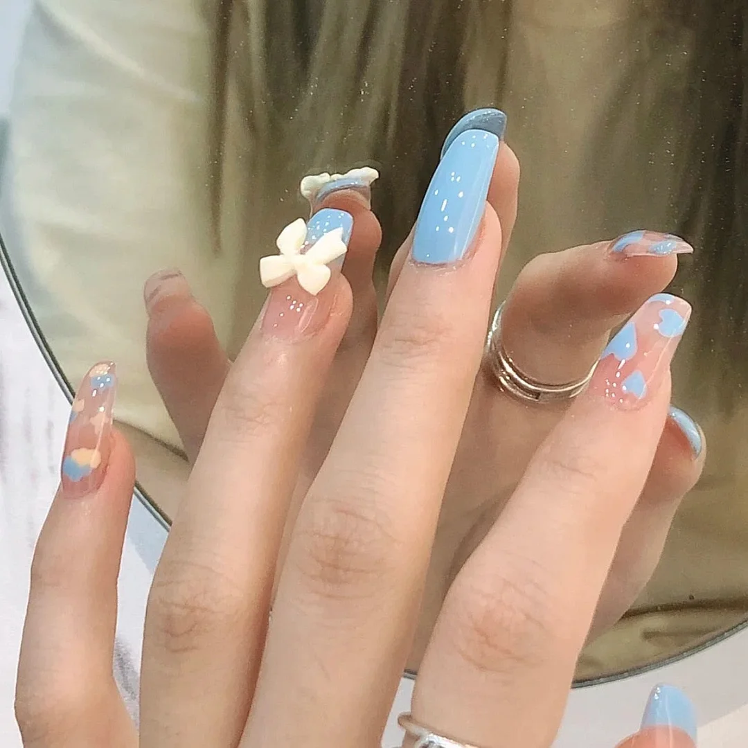 24pcs Blue Waves Printed False Nail Patch Glue Type Removable Long Paragraph Fashion Manicure Coffin Fake Nail Ballerina Art-Nail Inspo