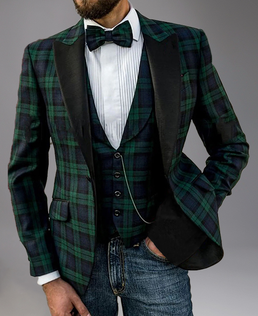 Business Velvet Splicing Peaked Lapel One Button Plaid Blazer