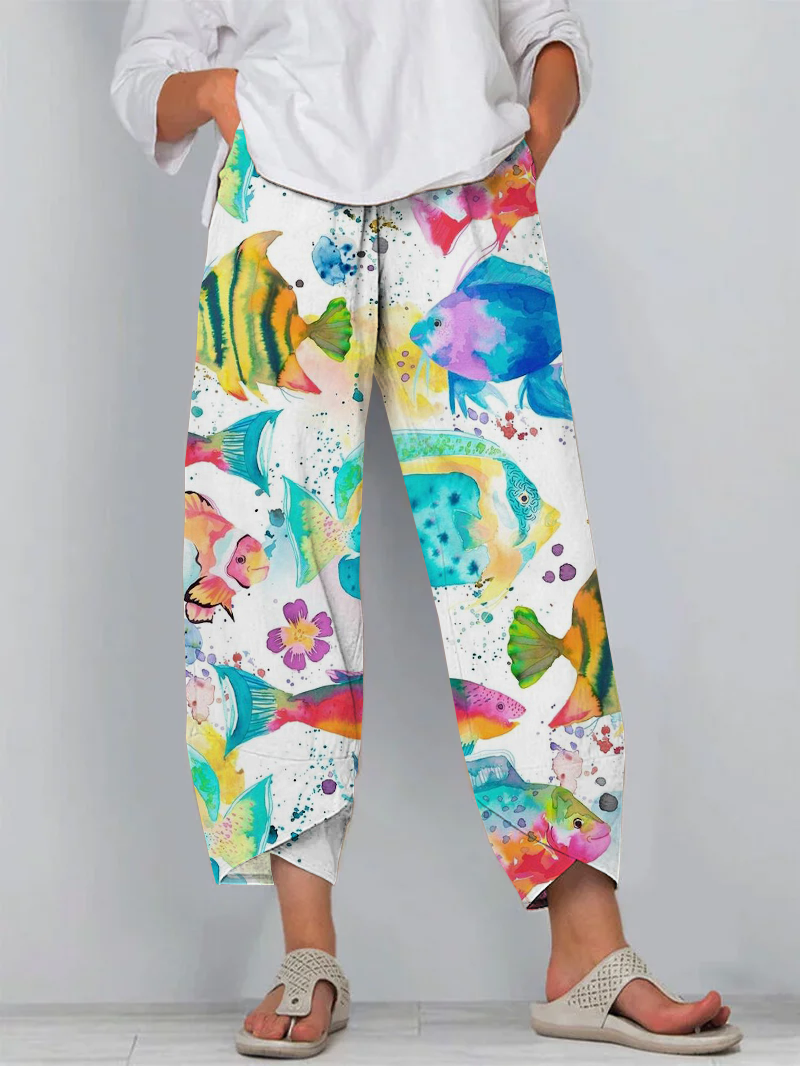 Ocean Fish Watercolor Art Print Cropped Pants
