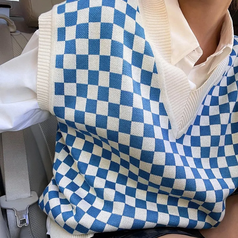 Tossy Casual Argyle Women's Vest Knitted Sleeveless Sweater Top For Women 2021 Autumn New V-Neck Pullover Vest Y2k Knitwear