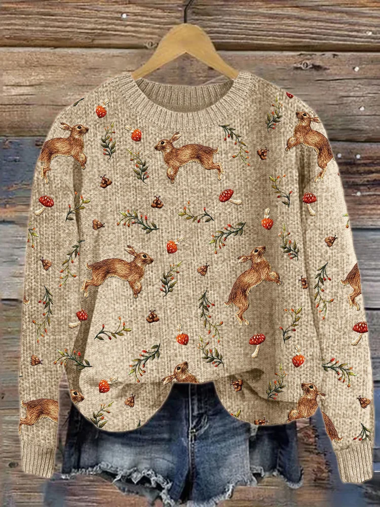 Wearshes Forest Hare Floral Embroidery Pattern Cozy Knit Sweater