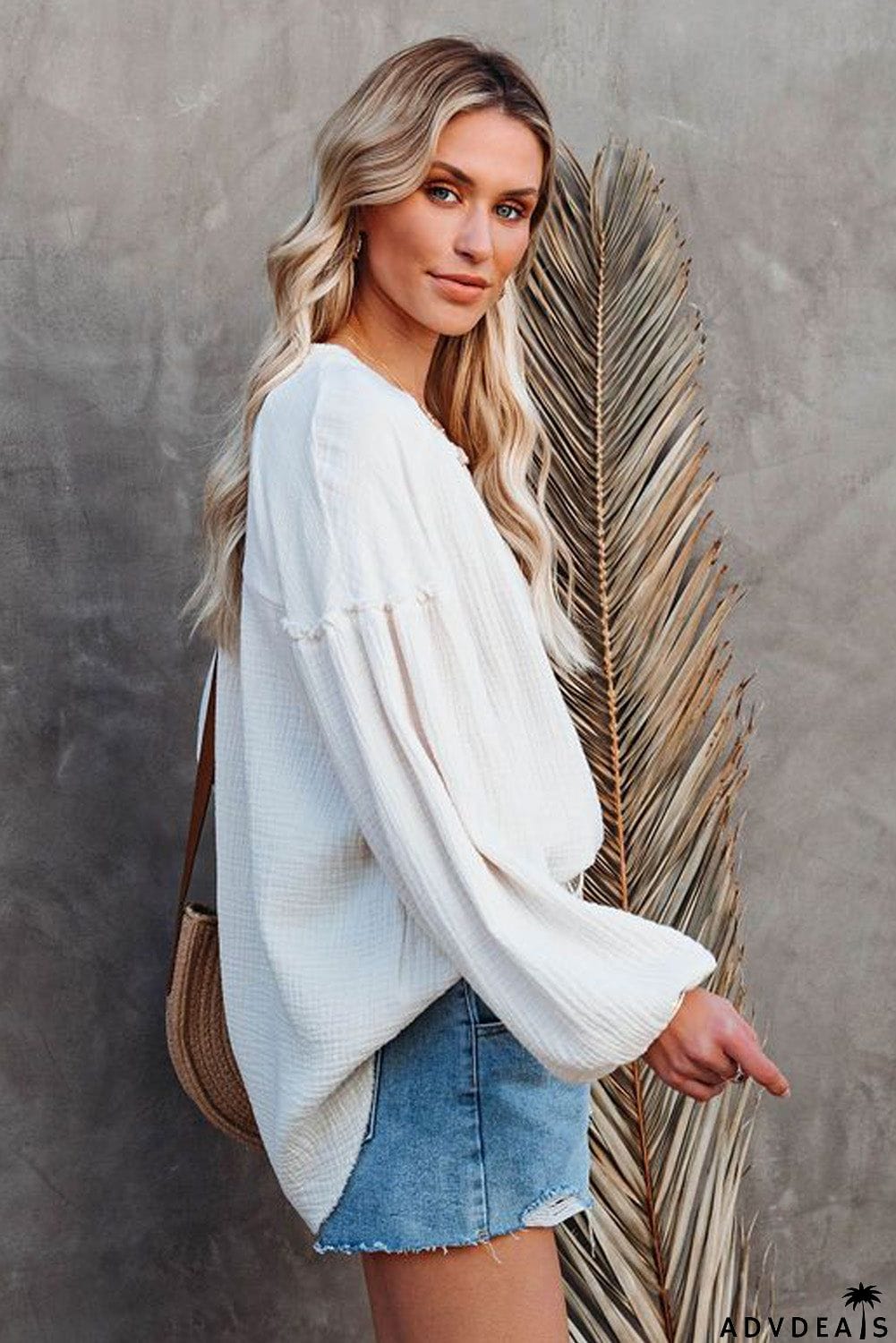 Casual Balloon Sleeve Crinkled Top