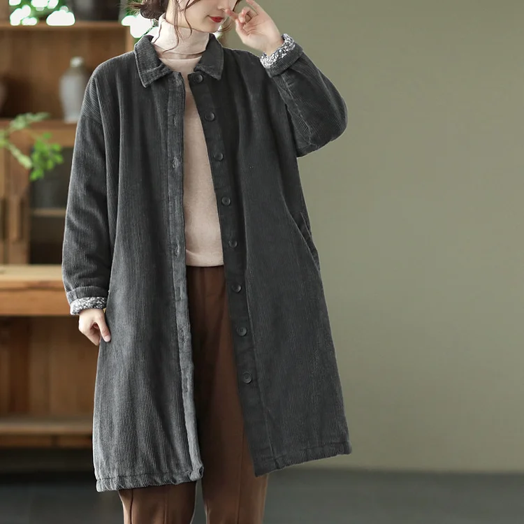 Retro Solid Color Corduroy Midi Outwear - yankia