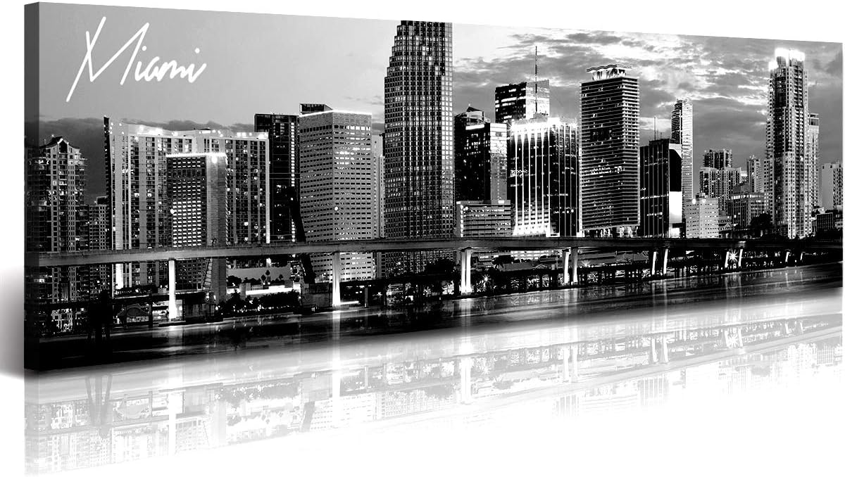 DJSYLIFE Miami Skyline Wall Art Decor Panoramic Cityscape Picture Modern USA City Night View Canvas Prints for Bedroom Office Living Room Decoration Stretched and Framed Ready to Hang 13.8 inch x47.3 inch  13.8x47.3 inches