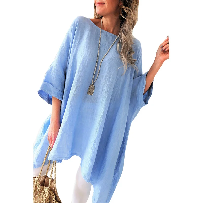 Large Size Women's Solid Color Cotton Linen Short T Loose Short Sleeve Dress | EGEMISS