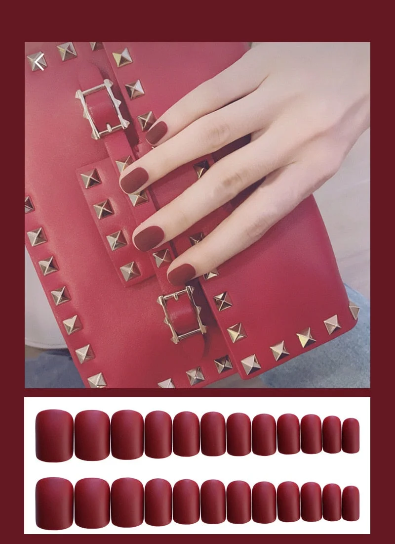 24pcs Dark Coffee Fake Nails Orange And Yellow Two-tone Matte Polish False Nail Patch Round Ballet Nail Tips Glue Wear Manicure-Nail Inspo