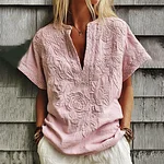 Women's Rose Floral Embroidery Art V Neck Comfy Shirt - Image 2