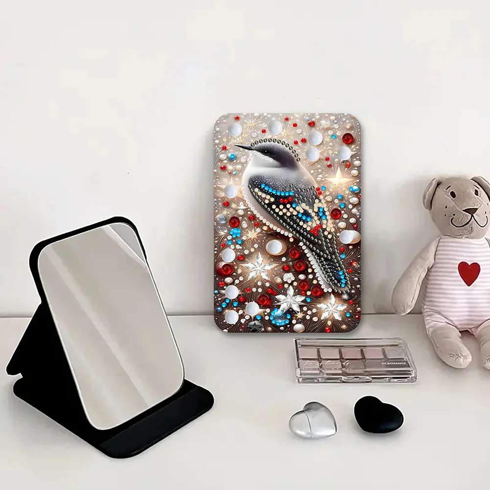 DIY Diamond Art Shiny Crystal Mirror Lightweight Standing Makeup Mirror (Bird)