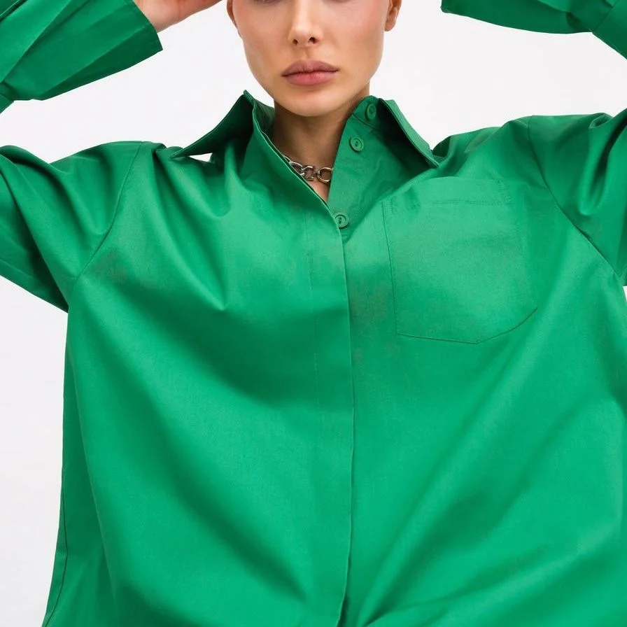 Vintage Green Oversized Shirt Blouse 2022 Pocket Casual Loose Long Blouse Plisse Sleeve Shirt Women Clothing Cotton