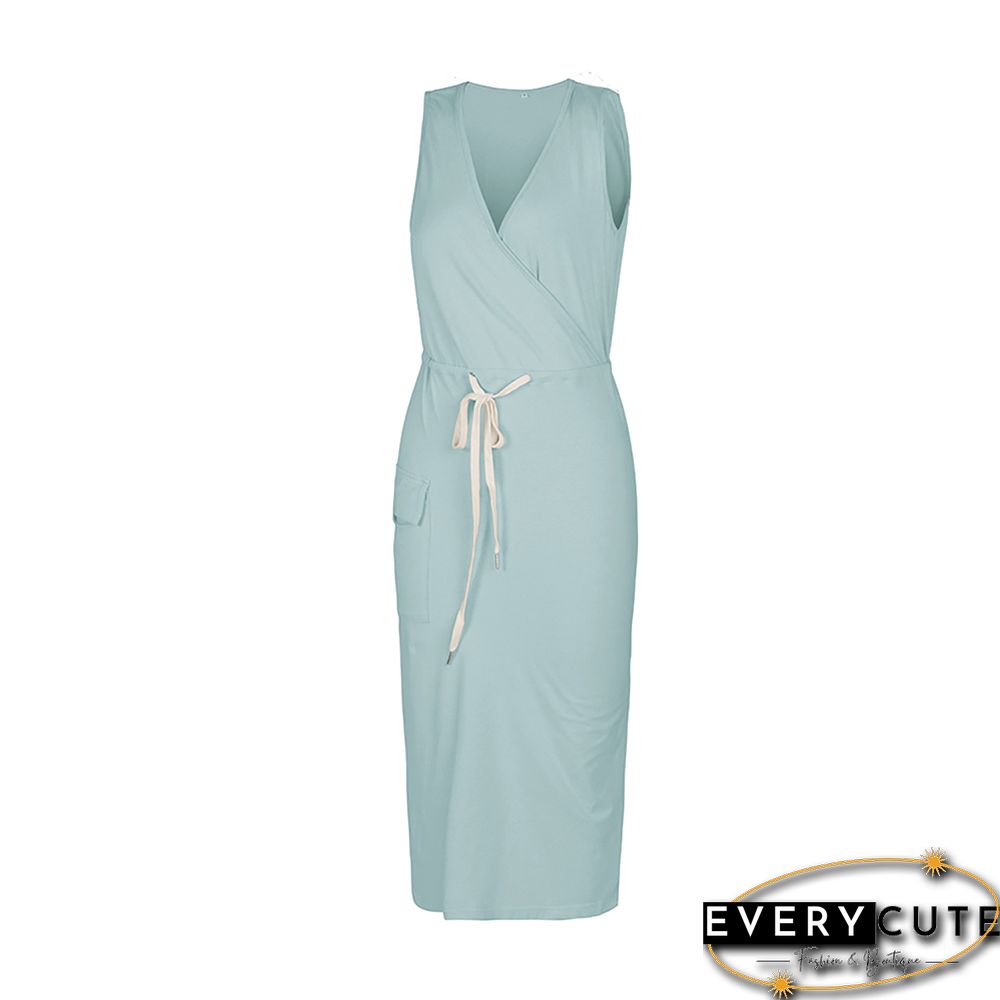 Light Green V Neck Knit Pocketed Casual Dress