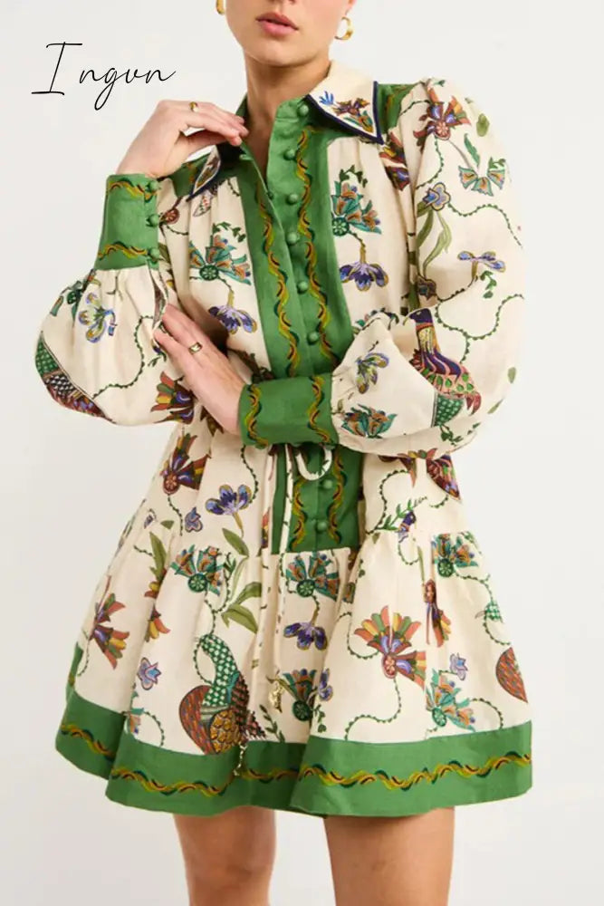 Ingvn - Casual Floral Patchwork Turndown Collar Printed Dress Dresses White Green / S Dresses/Casual