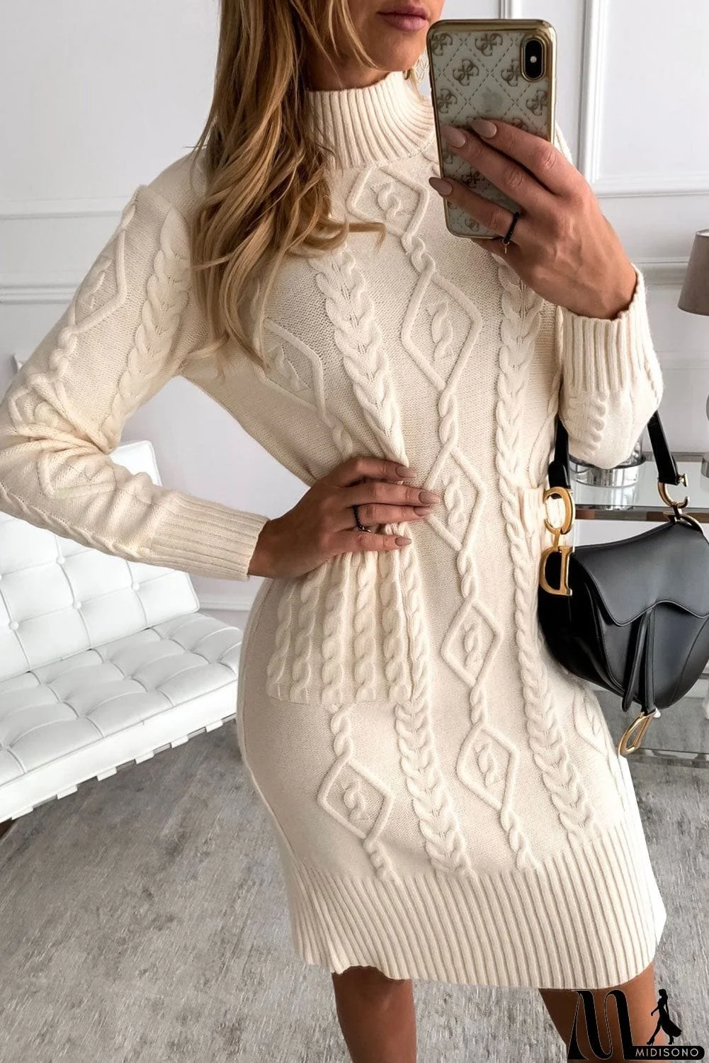 MidiSono - Beige High Neck Textured Bodycon Sweater Dress