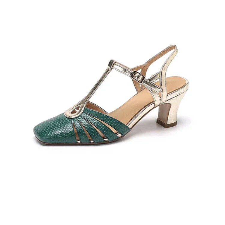 Women's New Design Block Heel Leather T Strap Slingback Gladiator Sandals