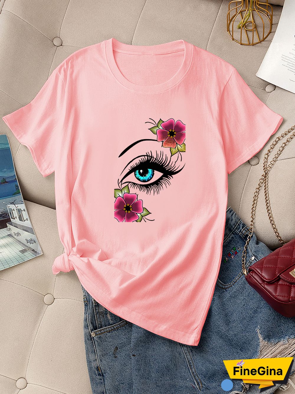 Casual Summer Daily T-shirt Women 100% Cotton Short Sleeve Rose Eye Print Female Graphic Fashion T Shirt Ladies O-Neck Tees Tops