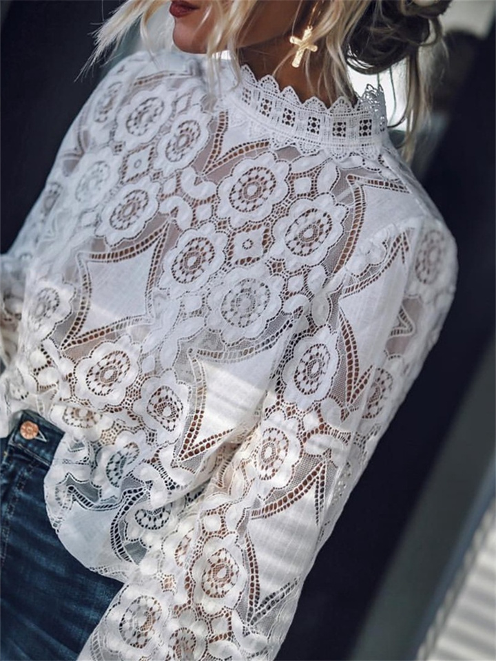 Women's Blouse Plain Casual Daily Holiday Blouse Shirt Long Sleeve Lace Round Neck Basic Vintage Elegant White Black