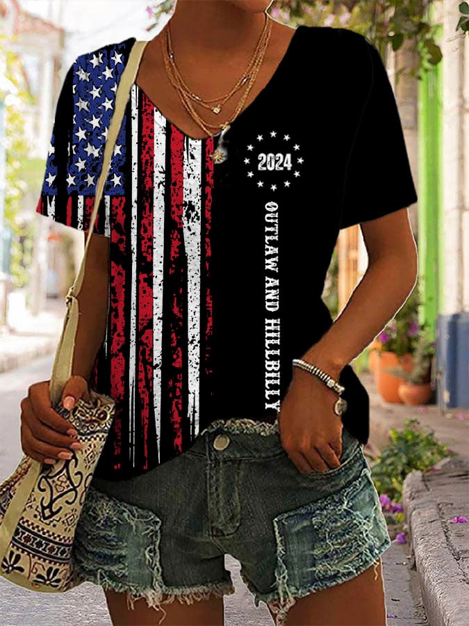 Women's Outlaw And Hillbilly 2024 Print Casual V-Neck Tee
