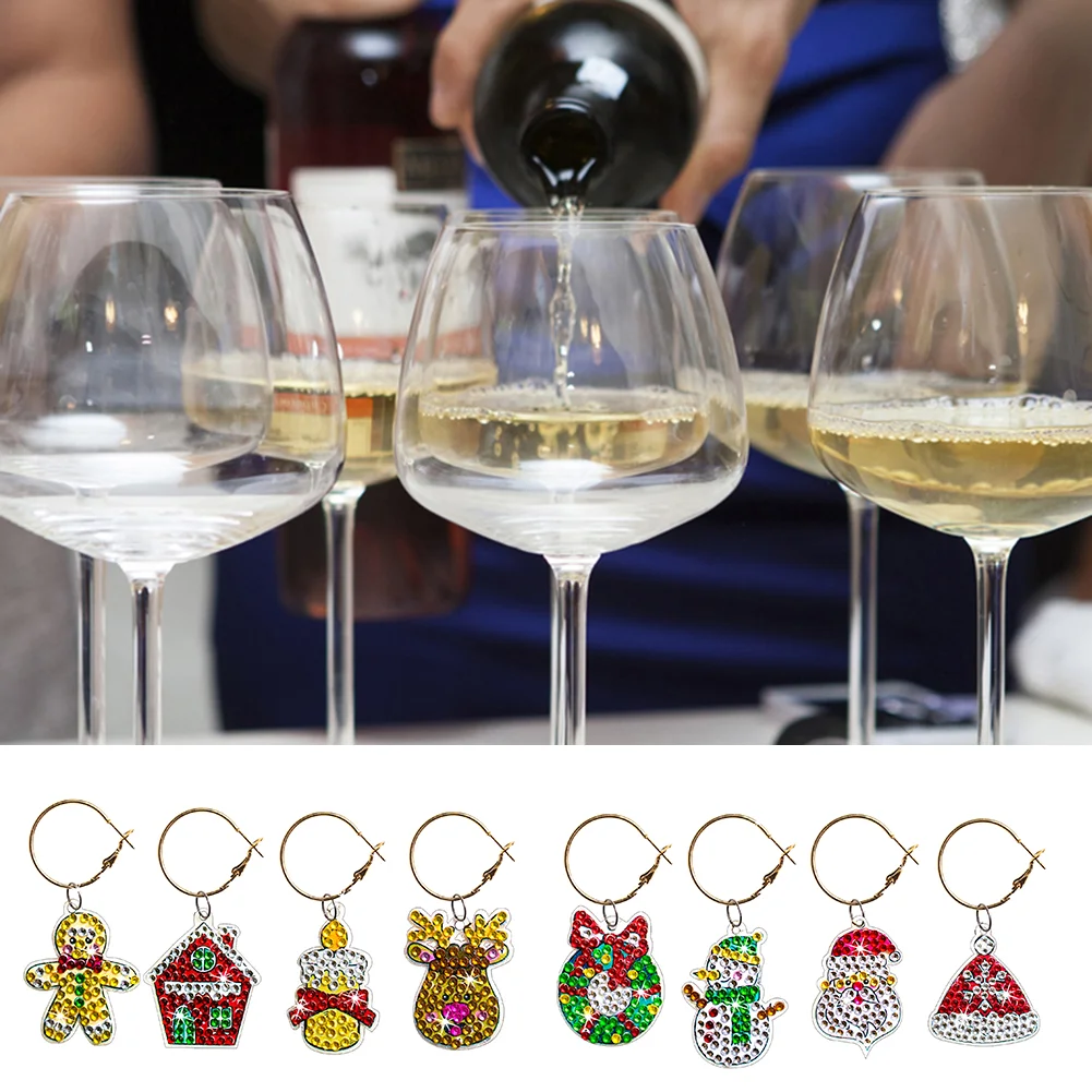 8pcs Diamond Painting Art Pendant Santa Diamond Wine Glass Charms Snowman Wreath