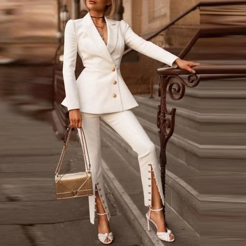 Pants Sets VONDA 2022 New Women Sexy Lapel Collar Button Up Suit High Waist Zipper Trousers With Elegant Office Pants Oversized