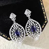 18K White Gold 7*5mm Oval Royal Blue Lab Sapphire and Lab Diamond Victorian Peacock Plume Chandelier Earrings