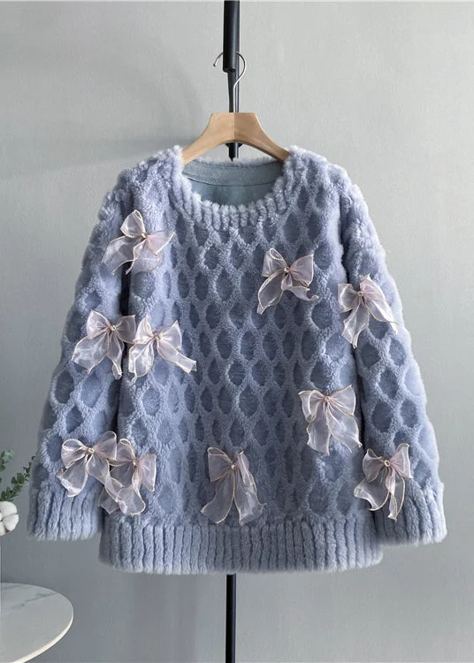 Stylish Blue O Neck Bow Wool Pullover Top Winter