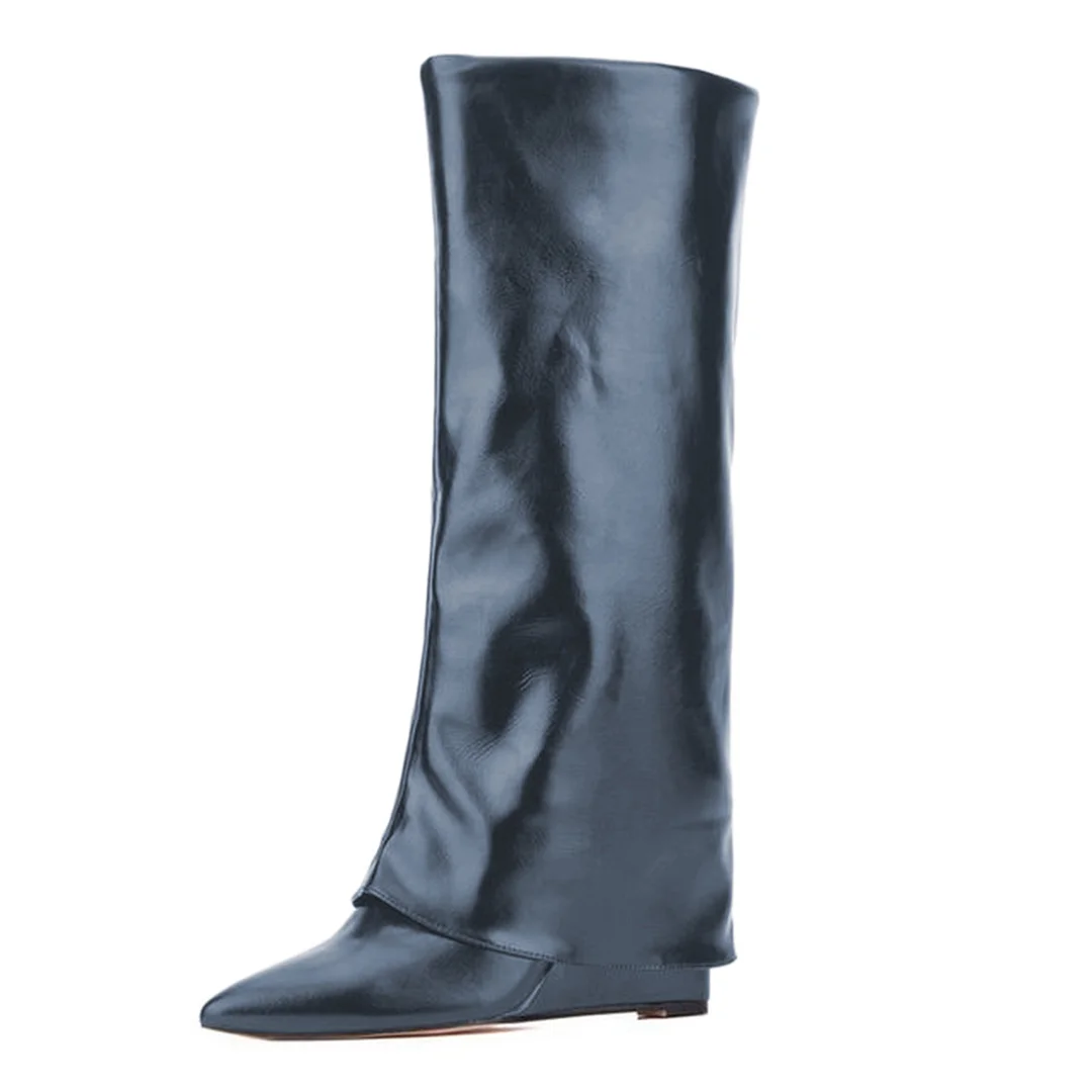 Navy High Heeled Vegan Leather Pointed Fold-Over Boots