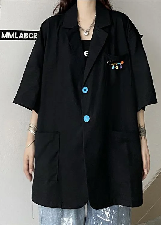 Elegant Black Pockets Short Sleeve Loose Top Summer