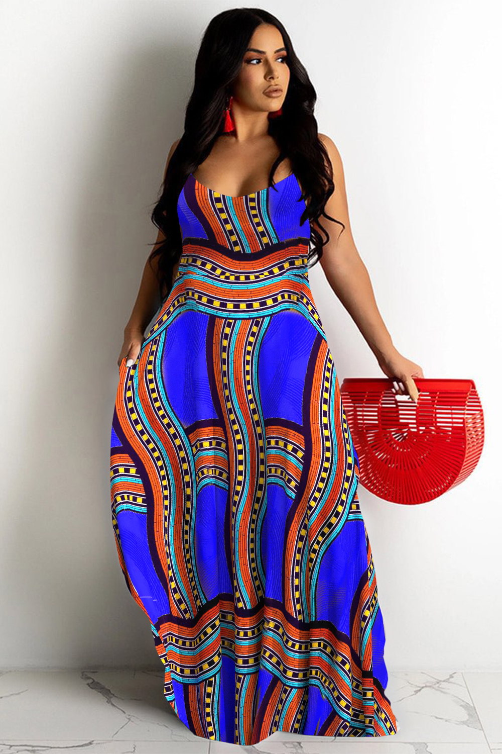 Design Plus Size Vacation Royal Blue African V Neck Ankara Cami Pocket Maxi Dresses [Pre-Order]