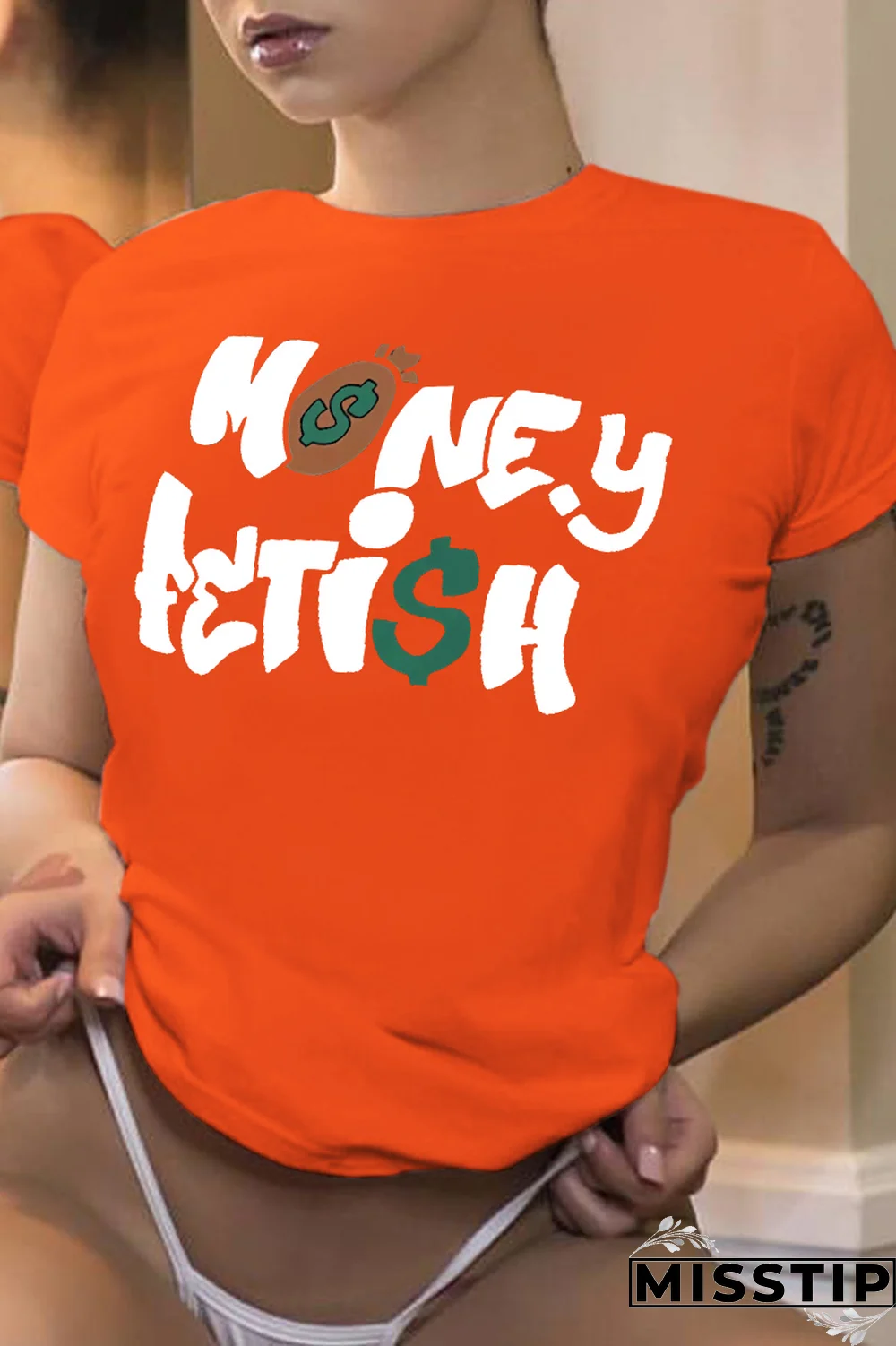 Black Fashion Street Lips Printed Patchwork Letter O Neck T-Shirts