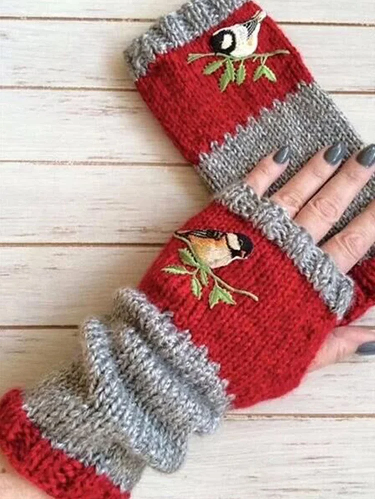 Casual Colorblock Embroidery Fingerless Knitted Gloves