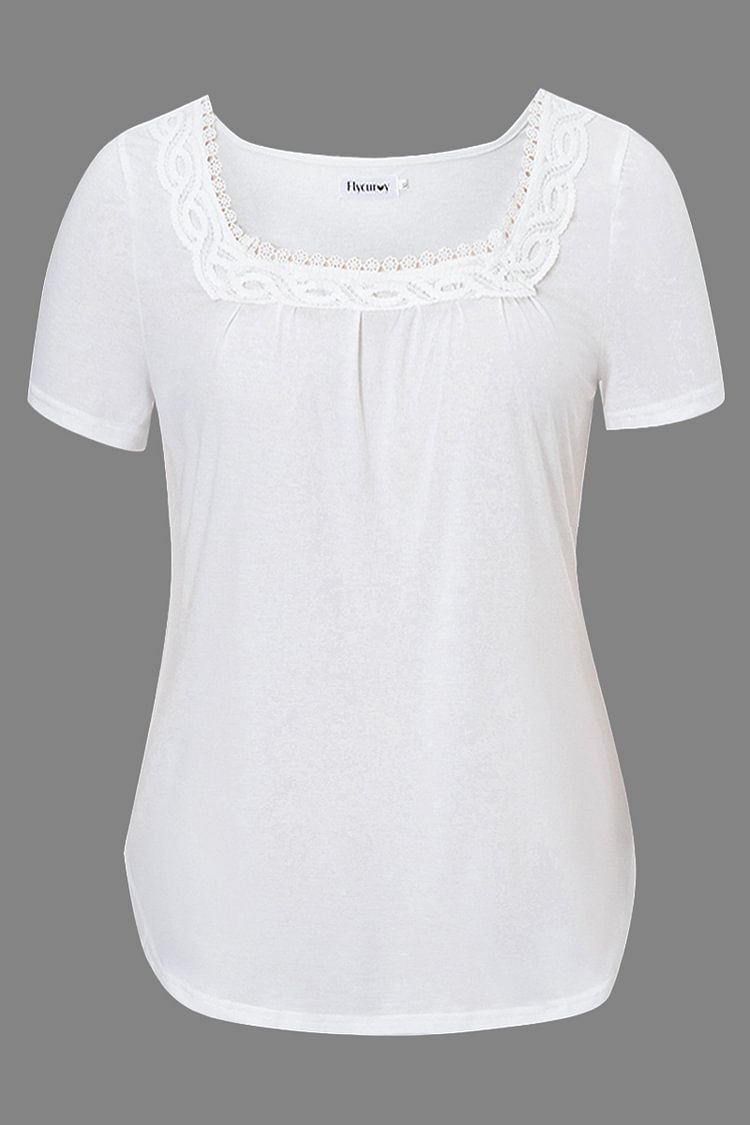 Flycurvy Plus Size Casual Lace Pleated Square Neck Short Sleeve Blouse  flycurvy [product_label]