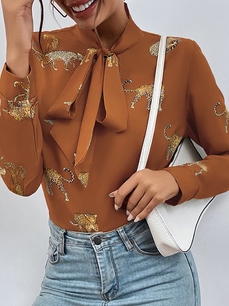 Leopard Print Tie Neck Long Sleeve Blouse For Women SKUI96248 QueenFunky