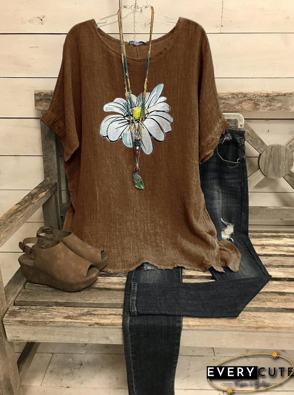 Summer casual retro small daisy printed short sleeve big round neck loose top