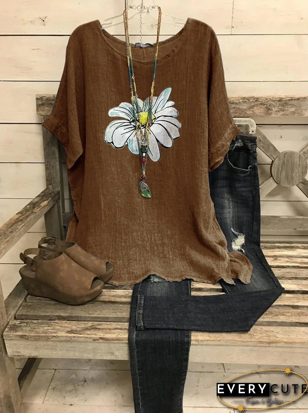 Summer casual retro small daisy printed short sleeve big round neck loose top