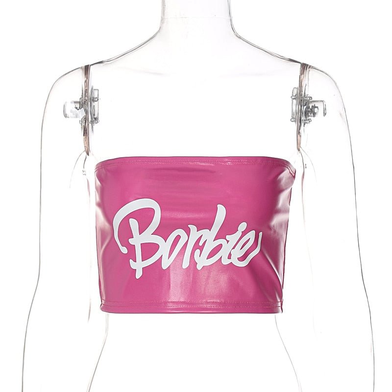 Hugcitar 2021 Letters Print Leather Sexy Canale Tube Crop Top Summer Women Fashion Streetwear Outfits Club Y2K Tees