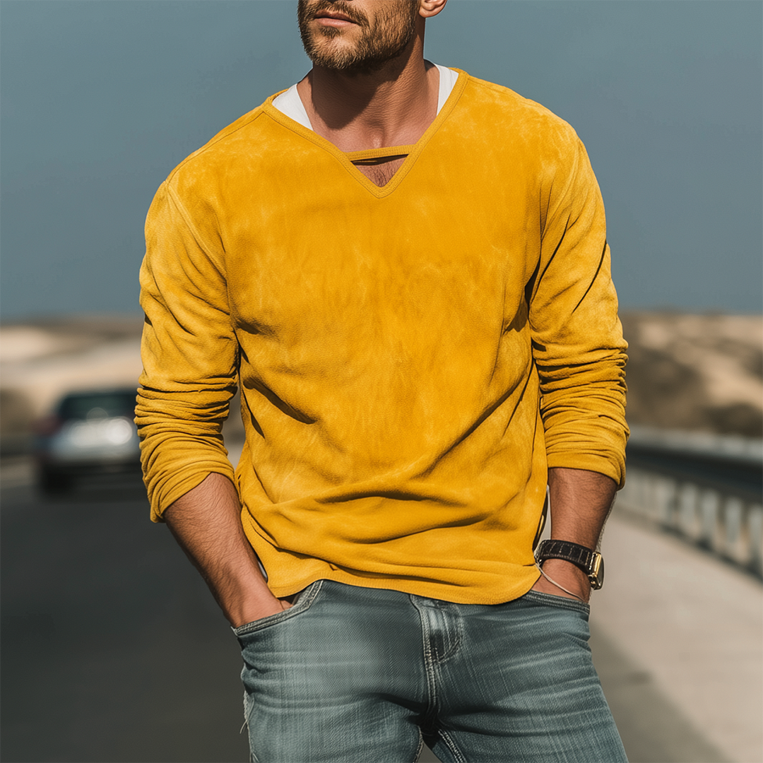 Men's Fashion Casual Thin Suede V-neck Loose Long-sleeved T-shirt