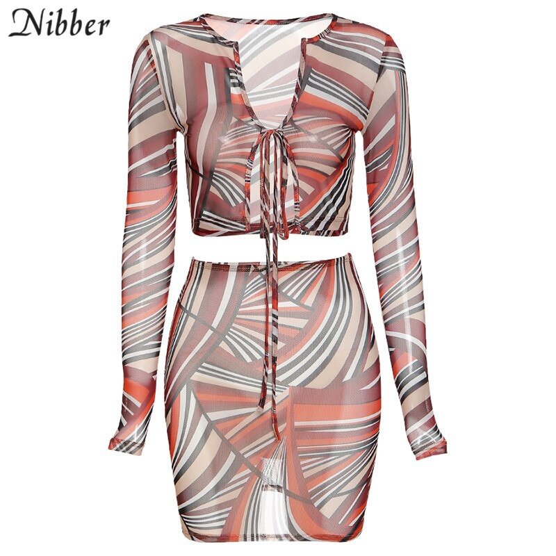 Nibber vintage fashion graphic 2 piece set female sexy see-through mesh fabric v neck lacing crop top&mini skirt Matching set