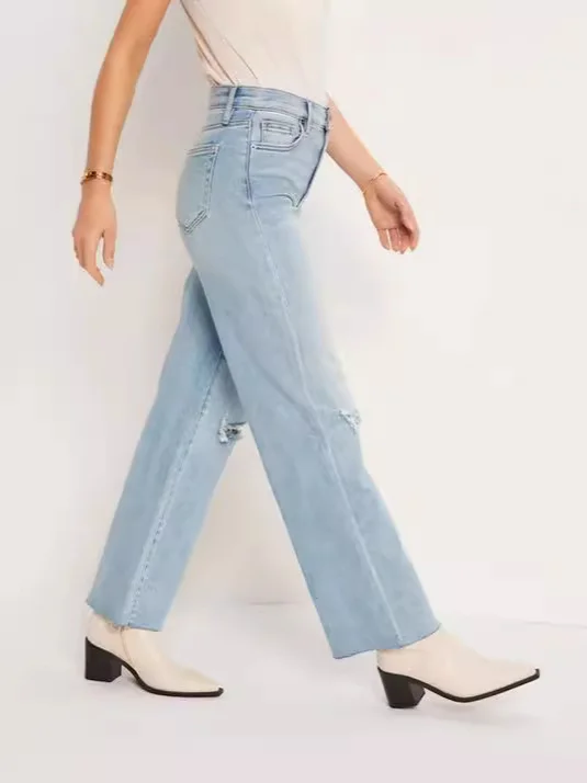 Woherb Direct Fashion Women High Waist Casual Straight Tube Hole Loose Nine Minutes Jeans Wish-Outfit Ideas