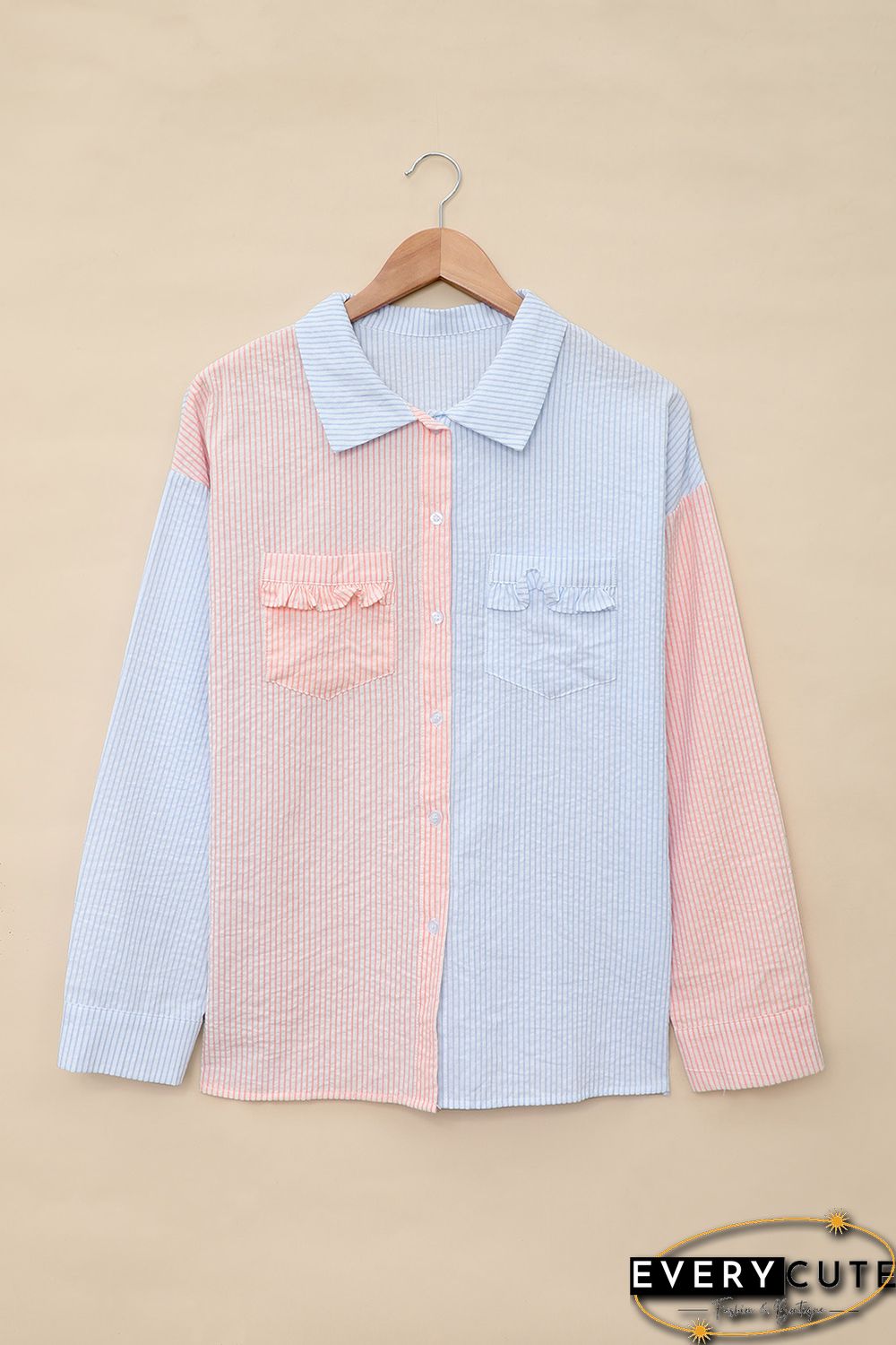 Pink Colorblock Ruffled Trim Pocket Striped Shirt