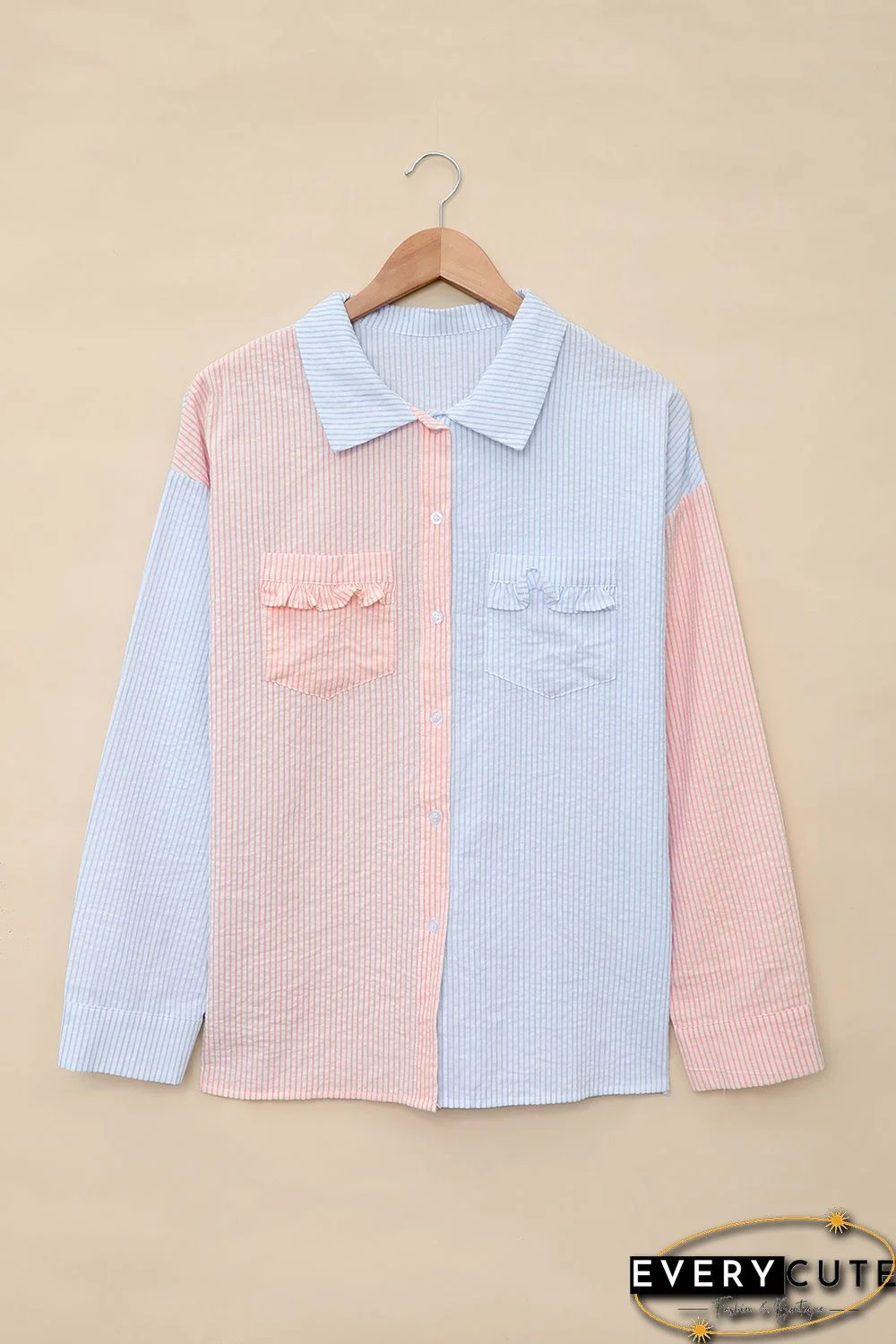 Pink Colorblock Ruffled Trim Pocket Striped Shirt