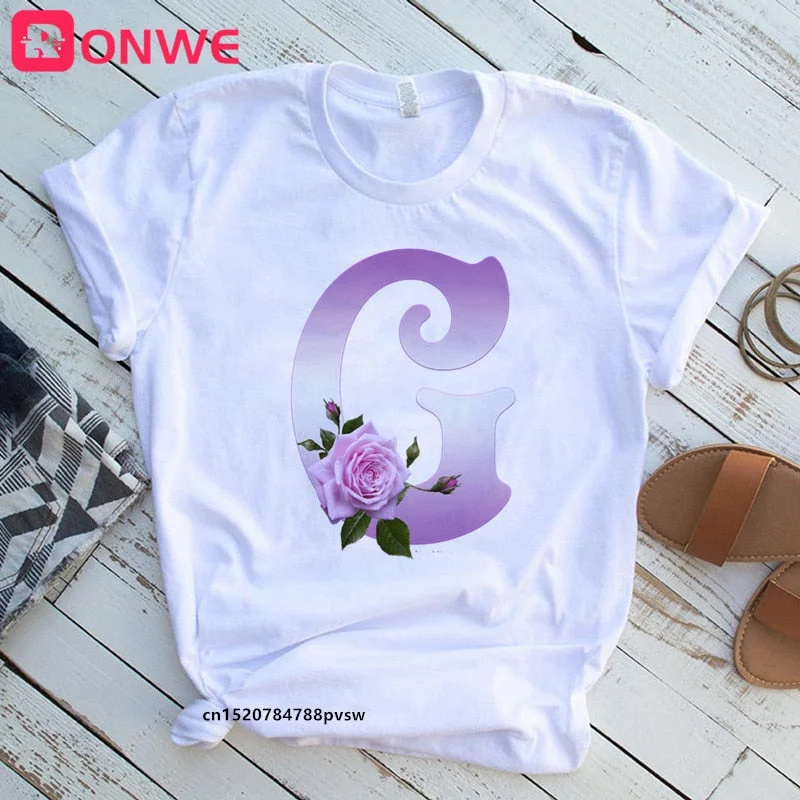 Women's Custom Name Rose Letter Combination Printing T-shirt Flower Letter Font A B C D E F G Short sleeve Tshirt,Drop Ship