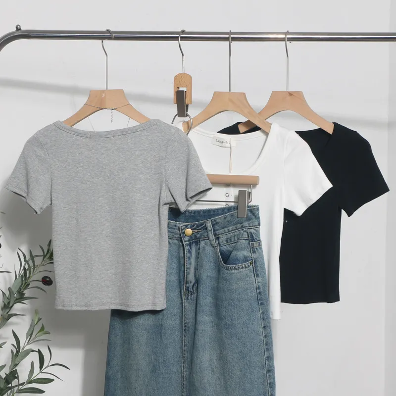 Uveng Explosion Recommended Spice Girls Shoulder Short Sleeve T-Shirt Girl Summer Body Tight Short Buckle Buckle Coat 6657