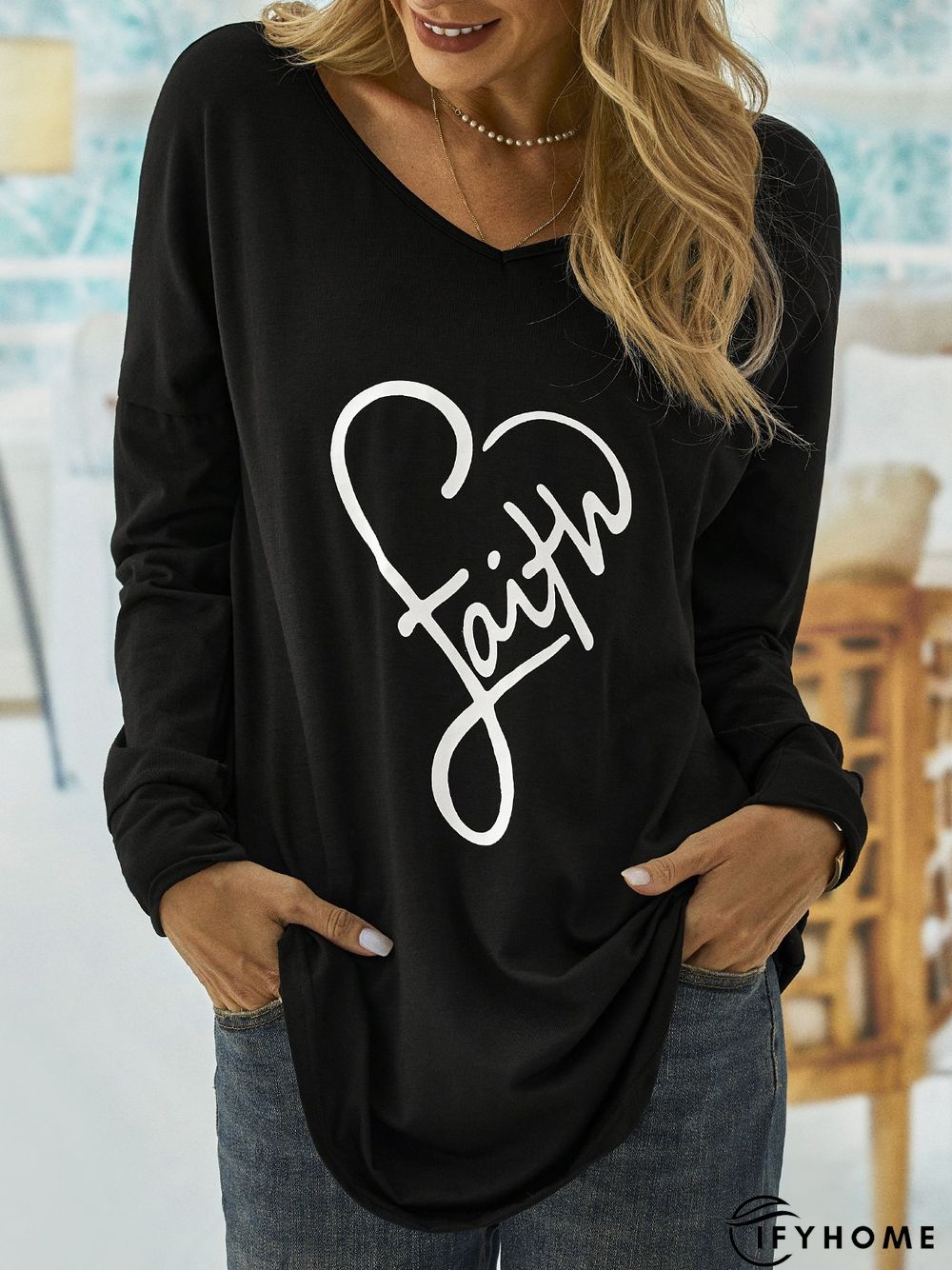 Casual Long Sleeve V Neck Printed Top Tunic T-Shirt | IFYHOME