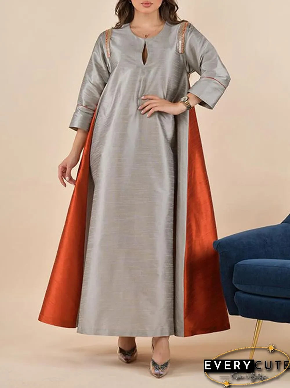 Simple Gray And Red Color Block Maxi Dress