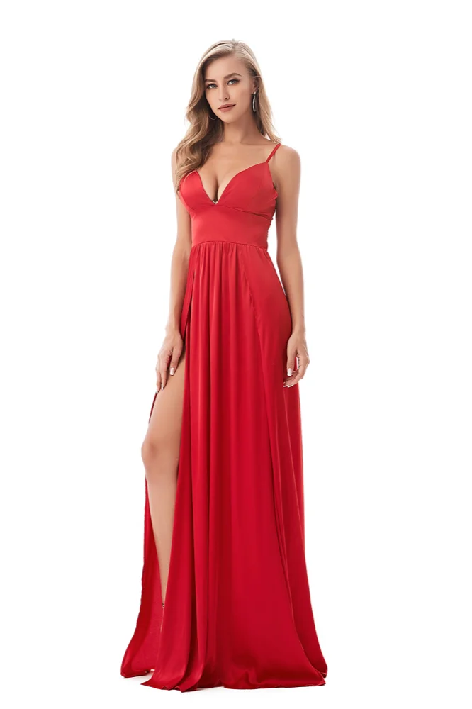red sexy v-neck sleeveless prom dress with split